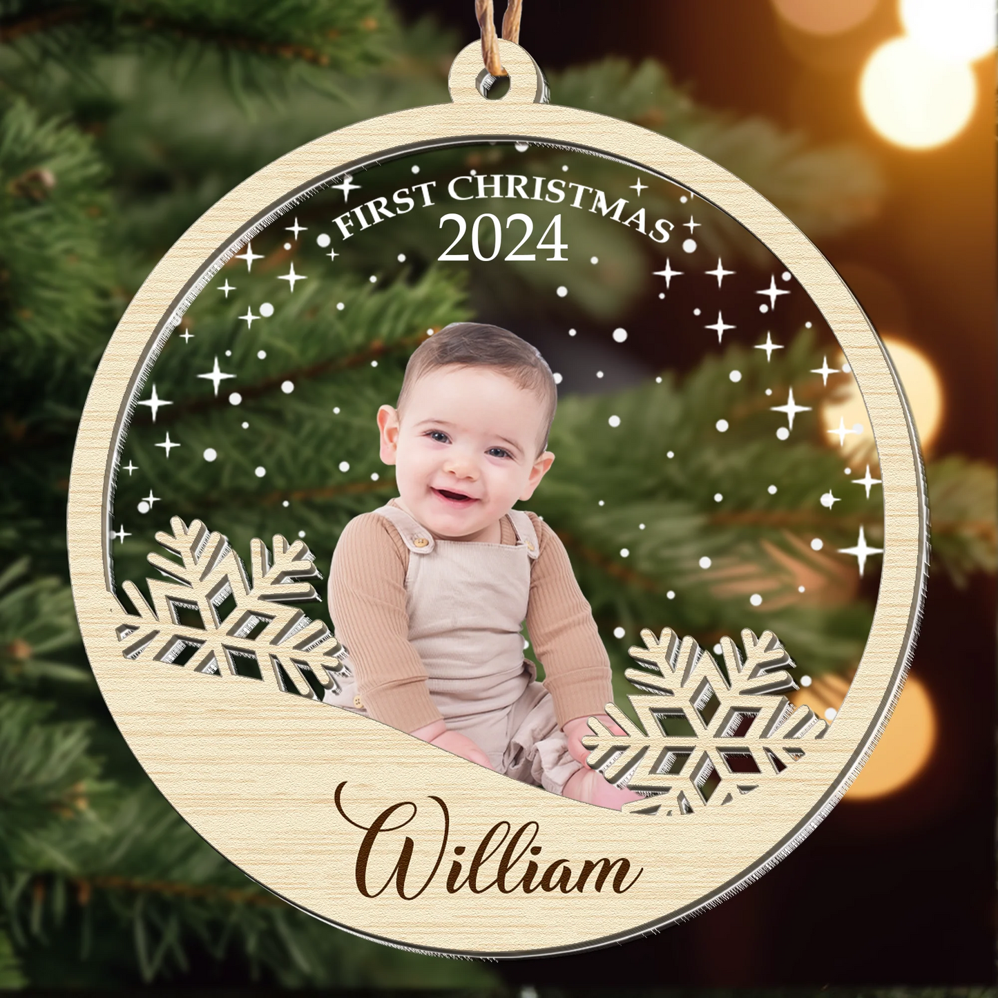 Baby's First Christmas With Snowflake - Personalized Photo Acrylic Ornament