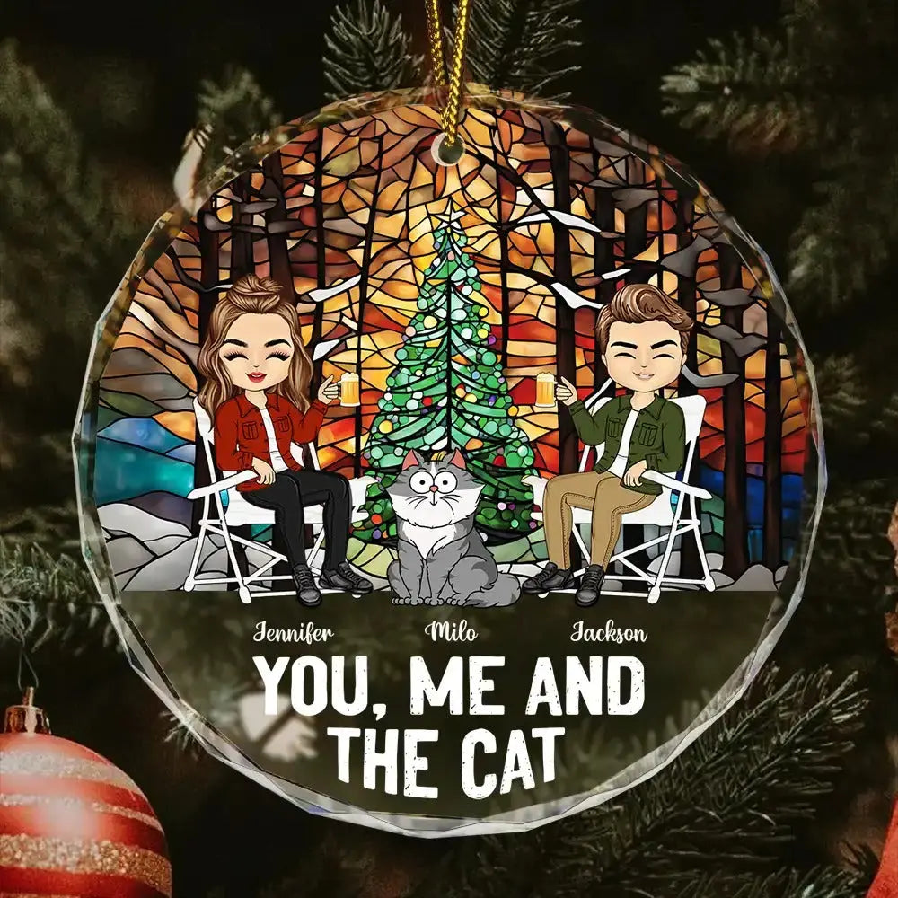 You, Me And The Cat - Personalized Circle Glass Ornament ornament The Next Custom Gift