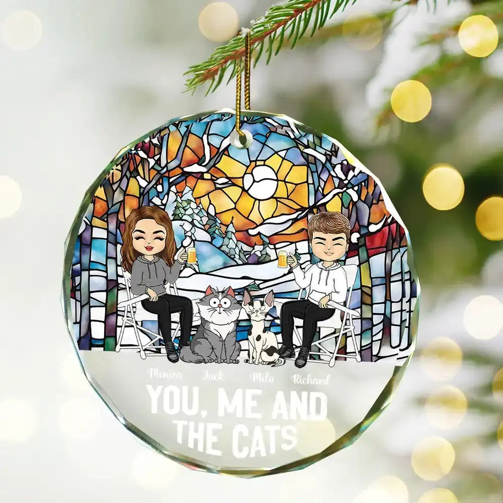 You, Me And The Cat - Personalized Circle Glass Ornament ornament The Next Custom Gift