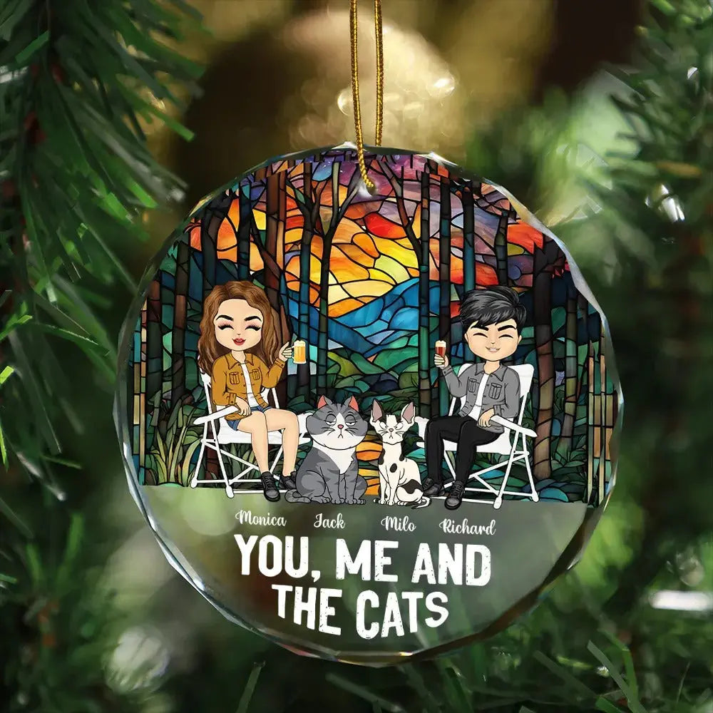 You, Me And The Cat - Personalized Circle Glass Ornament ornament The Next Custom Gift