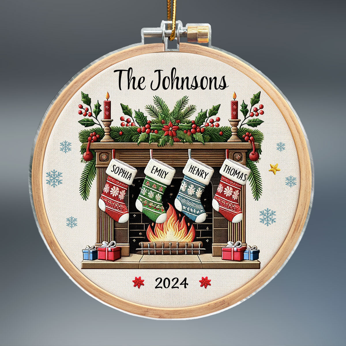 Christmas Festive Fireplace Family Christmas Stockings On Mantel Embroidery Effect Personalized Acrylic Ornament