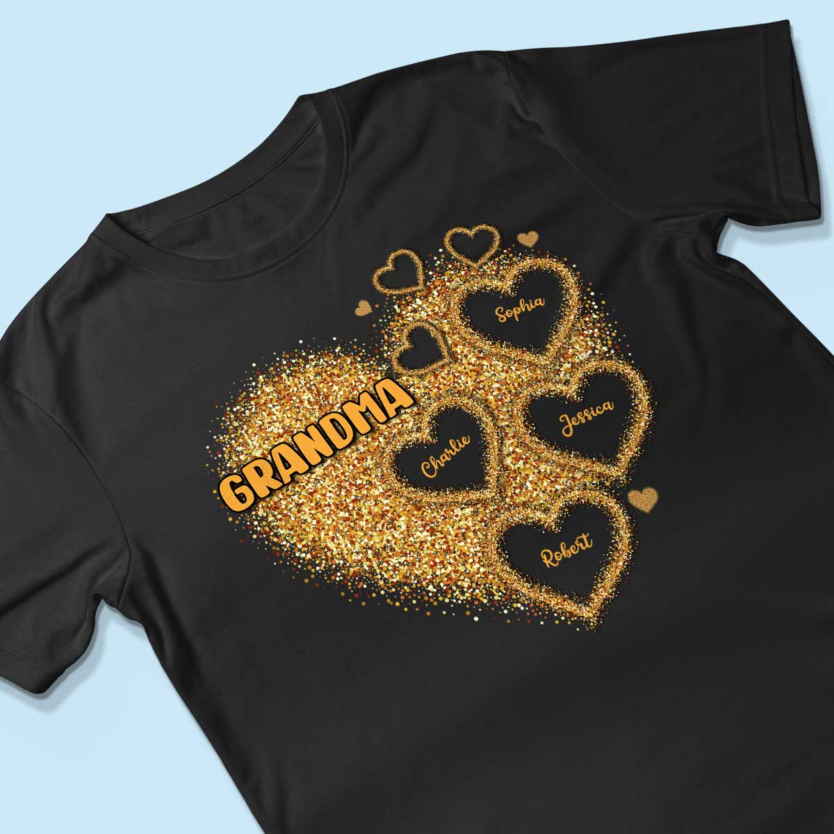 Grandma Mom Gold Glitter Heart Personalized Shirt, Gift For Grandma