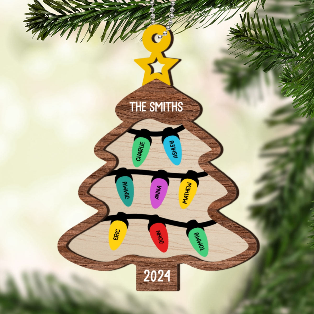 Family Christmas Tree Light Personalized Wooden Ornament, Family Christmas Gifts, Large Family Gift, Grandparent Gift