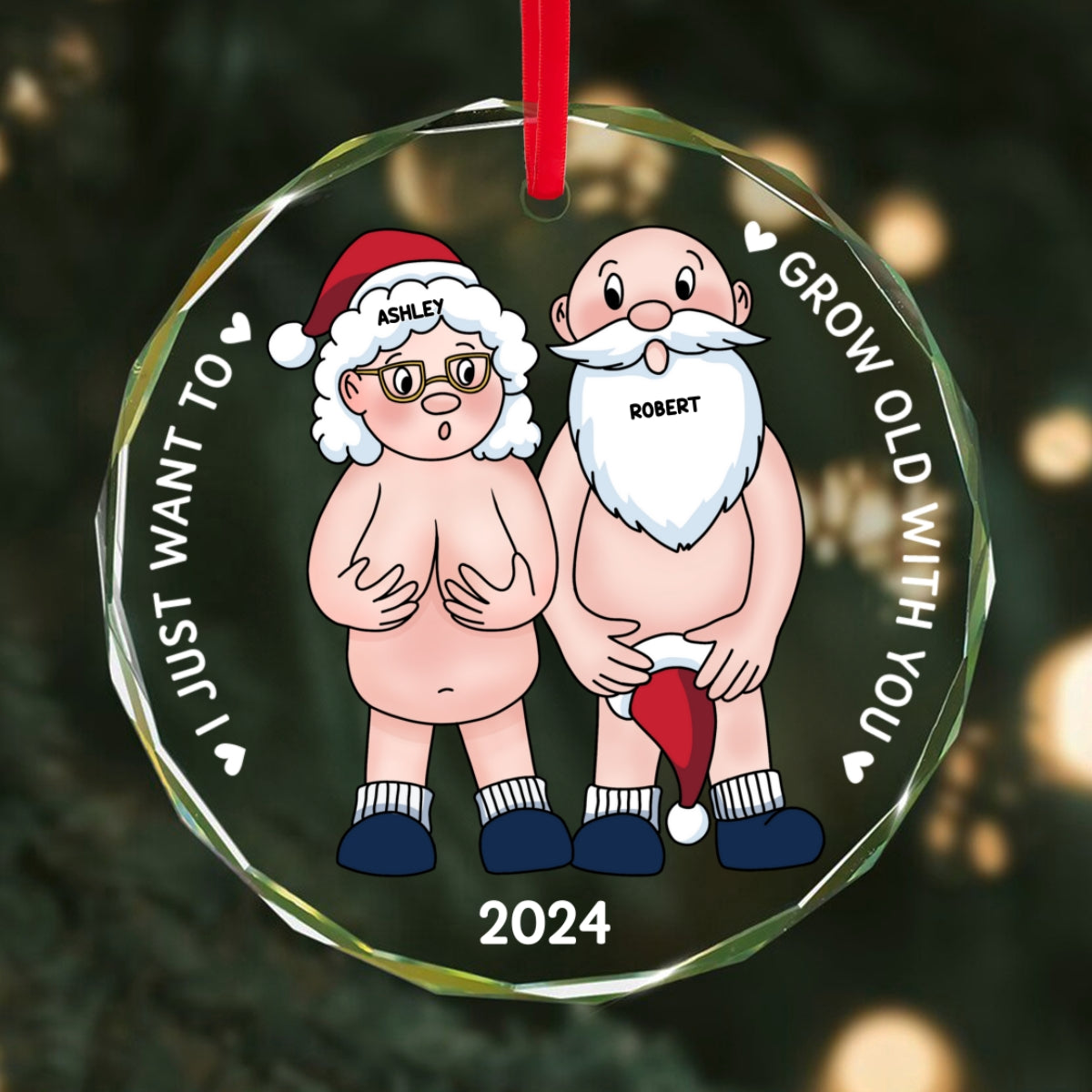 Funny Old Couple Personalized Circle Glass Ornament Christmas Gift for Him for Her