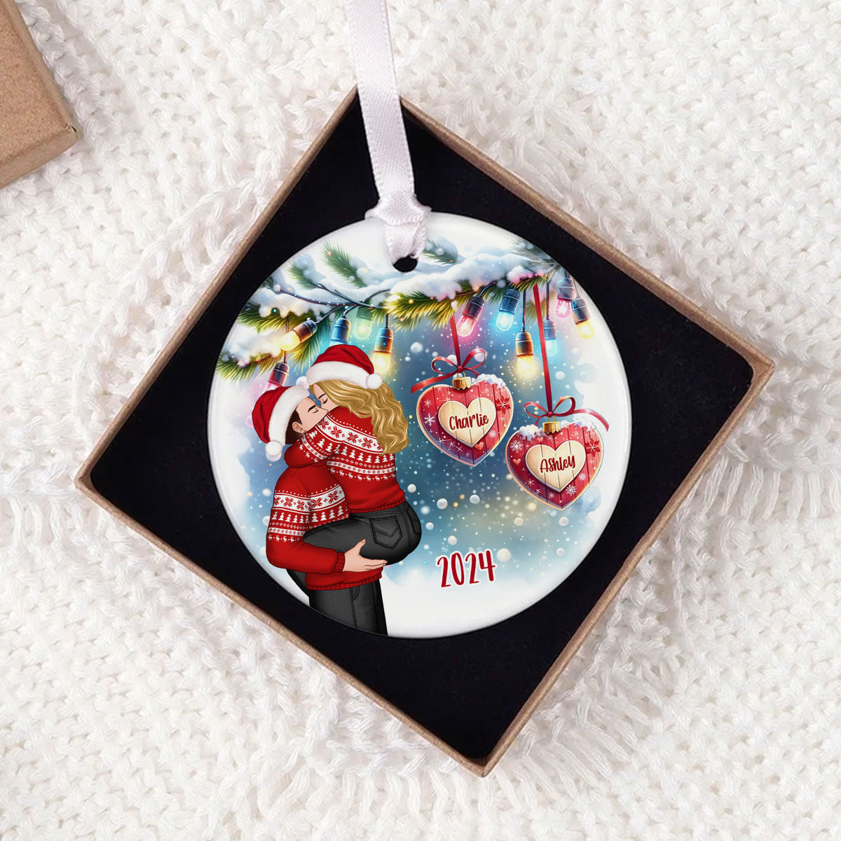 Christmas Hearts Couple Kissing Personalized Circle Ceramic Ornament