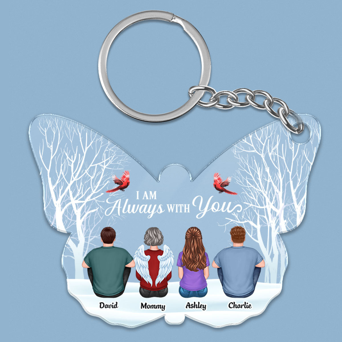 Always With You Memorial Family Back View Personalized Butterfly Shaped Acrylic Keychain