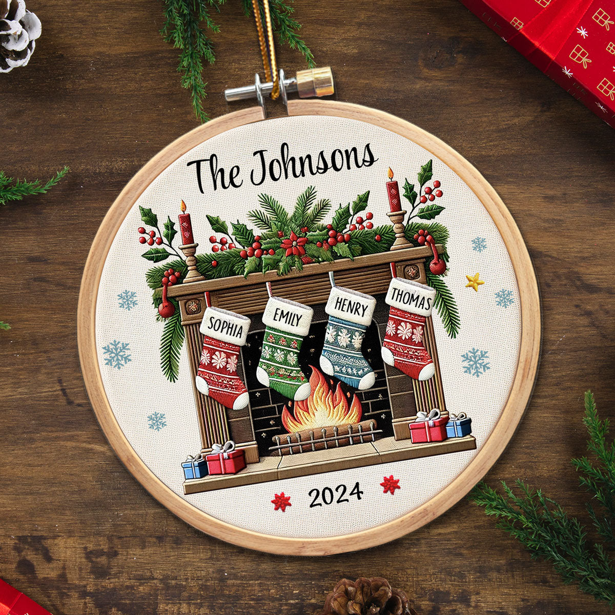 Christmas Festive Fireplace Family Christmas Stockings On Mantel Embroidery Effect Personalized Acrylic Ornament