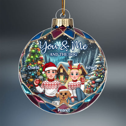 Animated Couple And Dogs Cats Beautiful Christmas Personalized Acrylic Ornament, Christmas Gift For Family