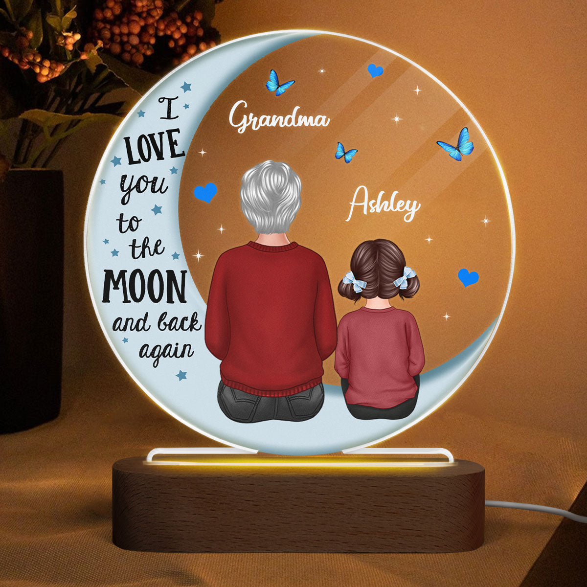 Grandma Grandkids Blue Moon Personalized Circle Plaque LED Night Light, Gift For Grandma