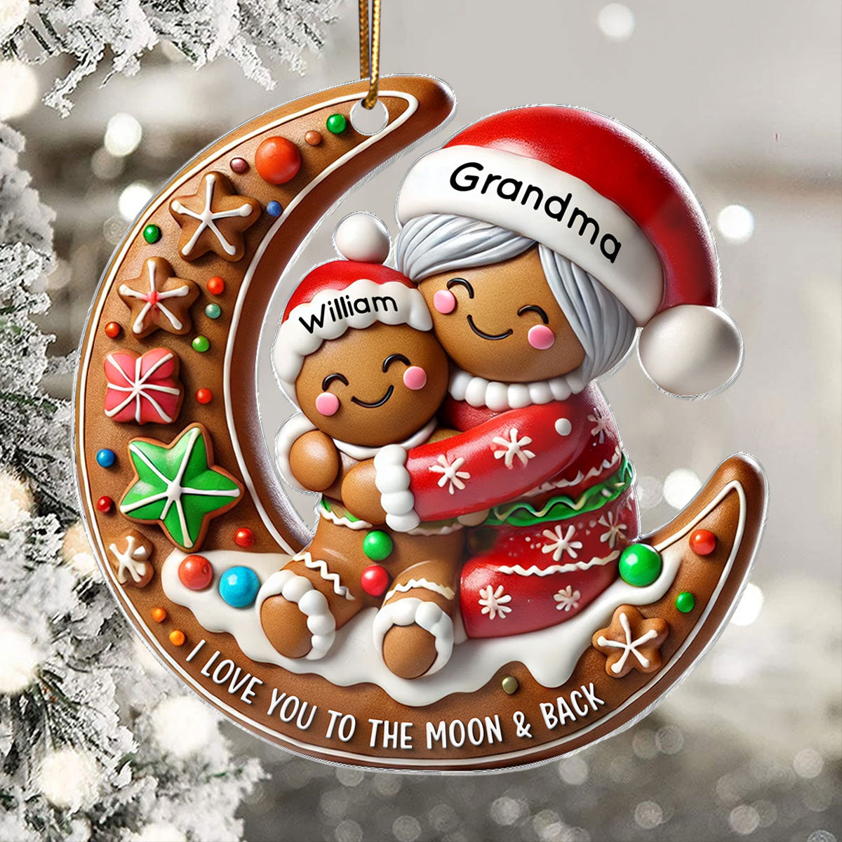 3D Effect Gingerbread Grandma Hugging Grandkid On Moon Christmas Personalized Acrylic Ornament, Gift For Granddaughter, Grandson