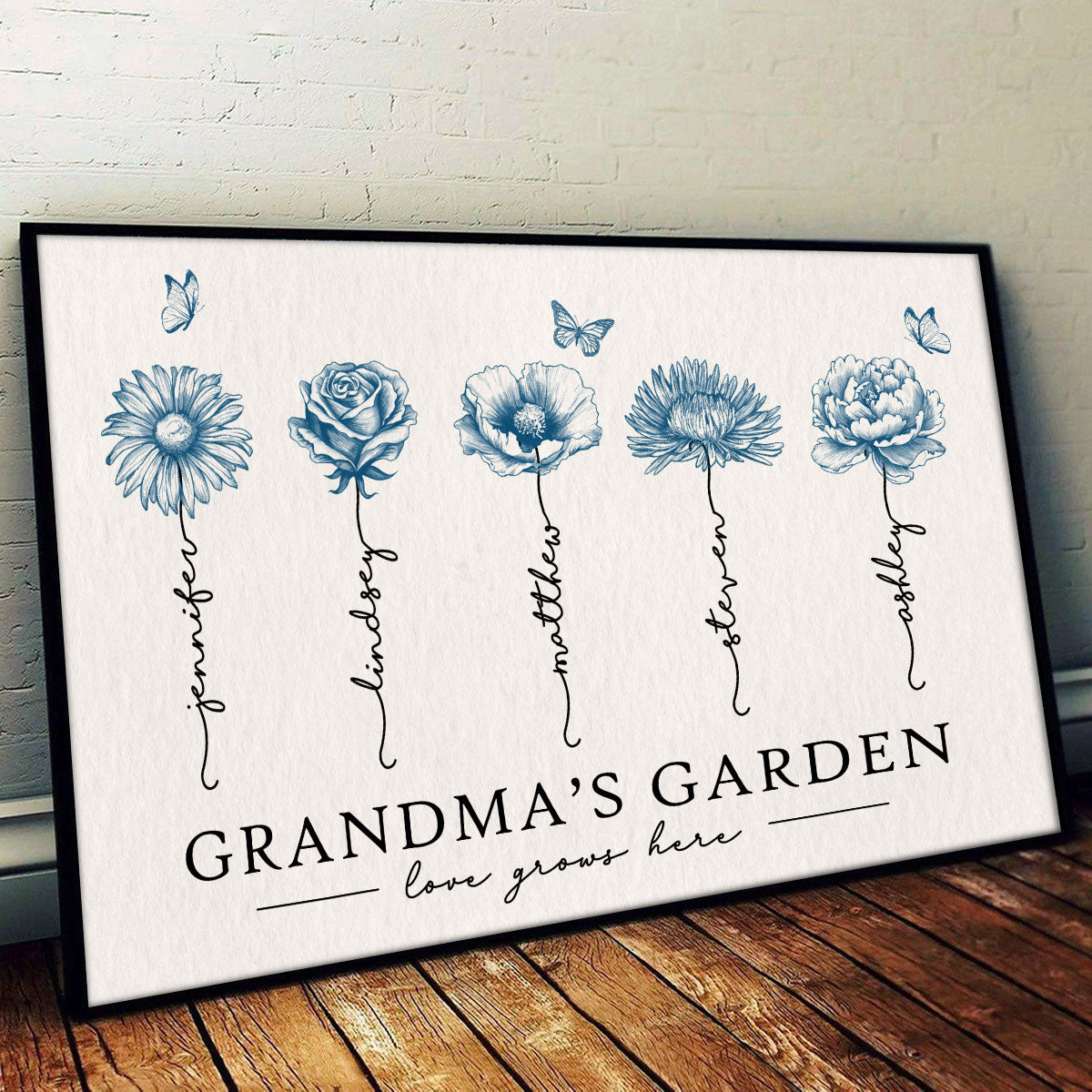 Grandma's Garden Love Grows Here Blue Vingtage Birthmonth Flowers Personalized Poster, Grandkids Names Floral Gift