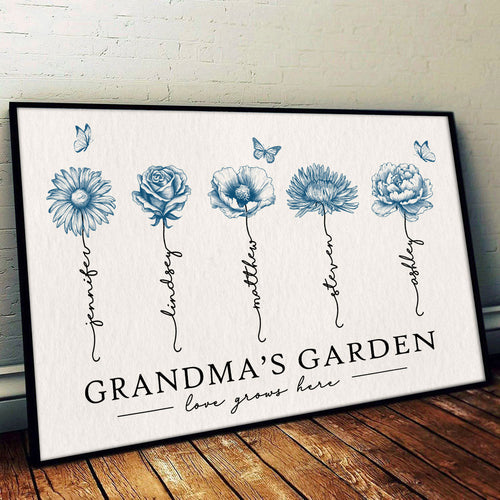 Grandma's Garden Love Grows Here Blue Vingtage Birthmonth Flowers Personalized Poster, Grandkids Names Floral Gift