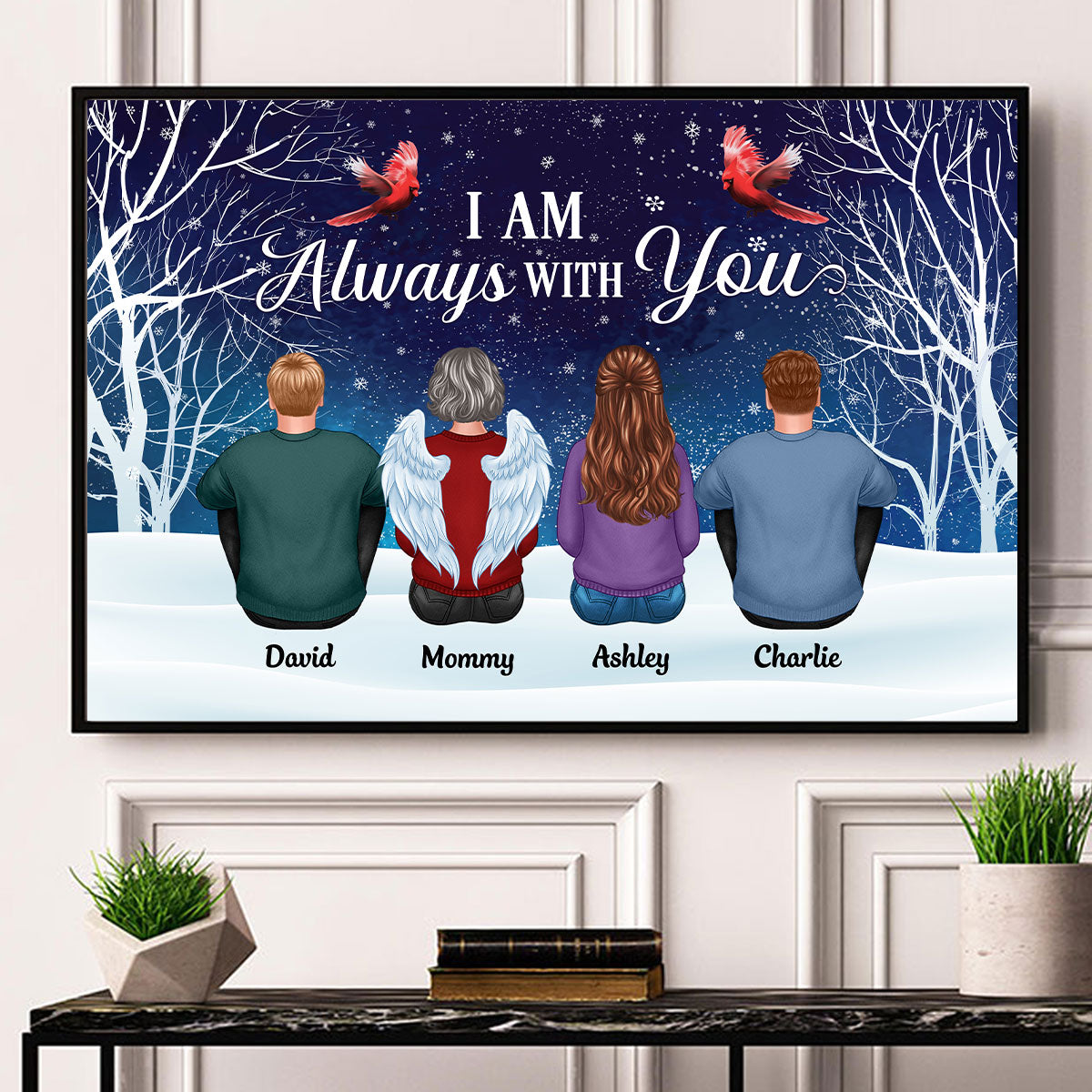 Always With You Family Sitting In Snow Memorial Remembrance Gift Personalized Horizontal Poster