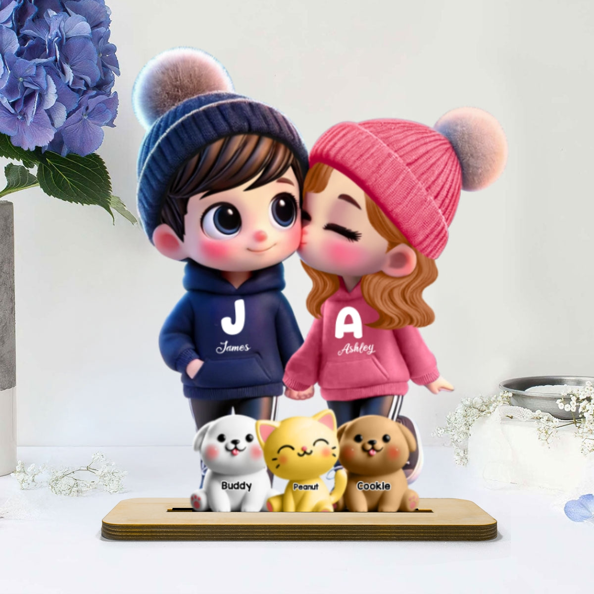 3D Cute Cartoon Couple You Me And The Dog Cat Personalized Standing Wooden Plaque, Valentine's Day Gift for Him, Gift for Her