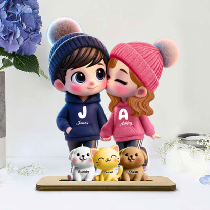 3D Cute Cartoon Couple You Me And The Dog Cat Personalized Standing Wooden Plaque, Valentine's Day Gift for Him, Gift for Her