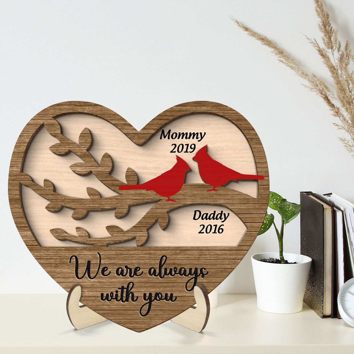 Cardinals Heart Dad Mom Memorial Personalized 2-Layer Wooden Plaque