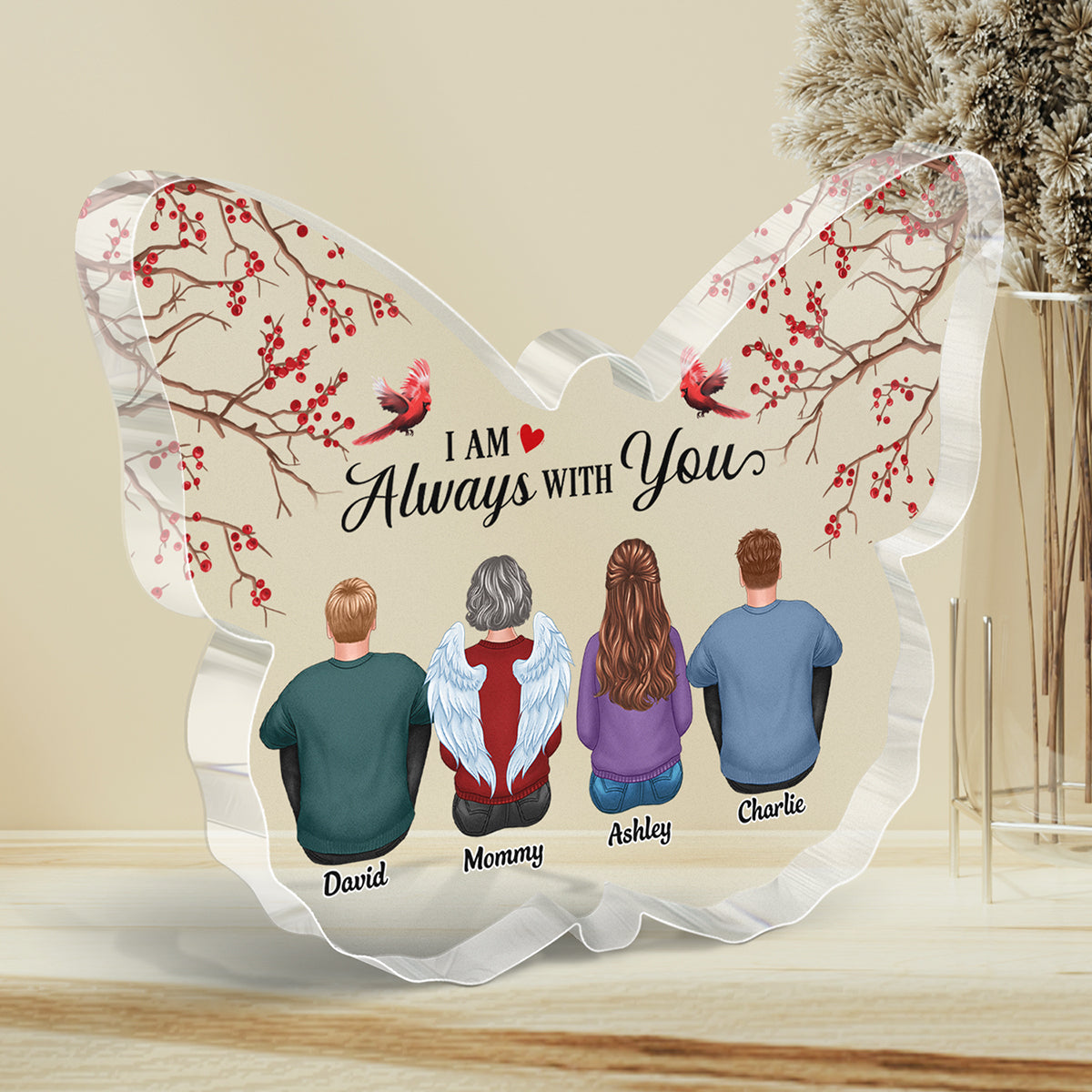 Berry Tree Cardinals Always With You Family Memorial Personalized Butterfly Acrylic Plaque