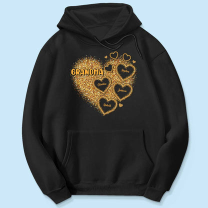 Grandma Mom Gold Glitter Heart Personalized Shirt, Gift For Grandma
