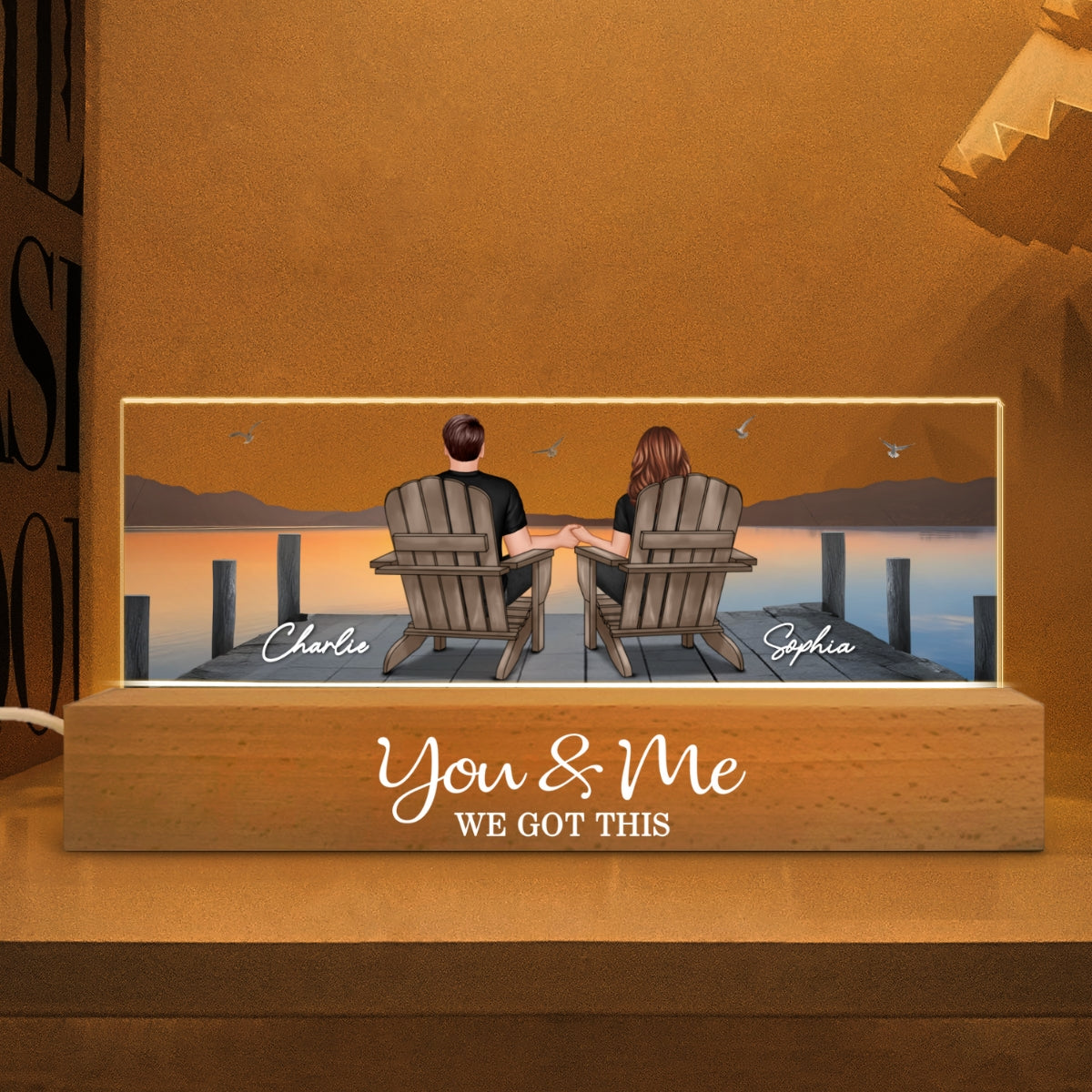 Back View Couple Sitting On The Bridge, Lake Dock Personalized Acrylic Block LED Night Light, Heartfelt Gift For Couple, For Him, For Her, Boyfriend, Girlfriend, Husband, Wife