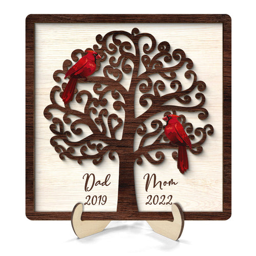 Dad Mom Cardinal Tree Personalized 2-Layer Wooden Plaque