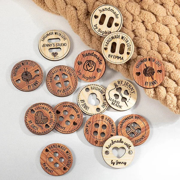 Personalised Handmade with Love Wooden Buttons Set of 10 Clothing Labels Gift for Mother Grandma Knitting Crocheting Lovers