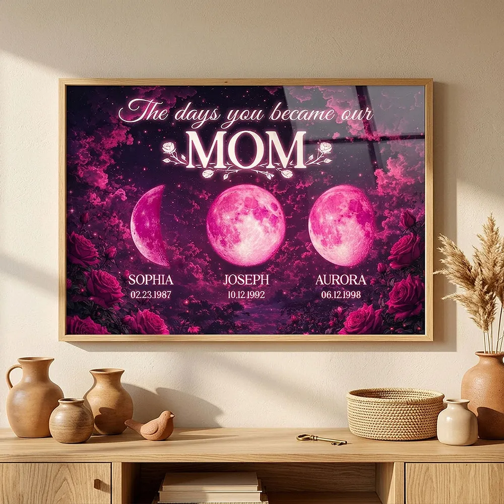 Pink Roses The Day You Became Mom Grandma Custom Birth Moon Phase - Personalized Poster - Mother's Day Gift For Mom, Grandma