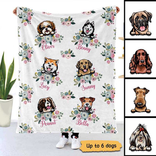 Floral Peeking Dogs Name Personalized Fleece Blanket