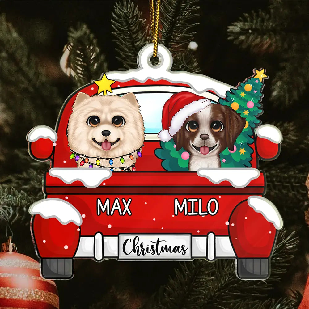 Chirstmas Dog Cat With Red Truck - Personalized Cutout Acrylic Ornament