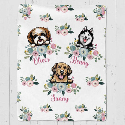 Floral Peeking Dogs Name Personalized Fleece Blanket