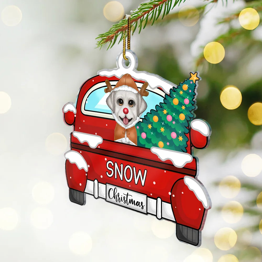 Chirstmas Dog Cat With Red Truck - Personalized Cutout Acrylic Ornament