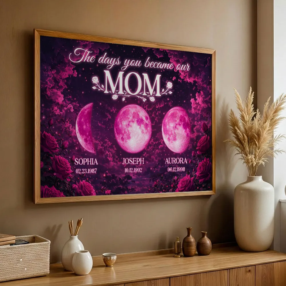 Pink Roses The Day You Became Mom Grandma Custom Birth Moon Phase - Personalized Poster - Mother's Day Gift For Mom, Grandma