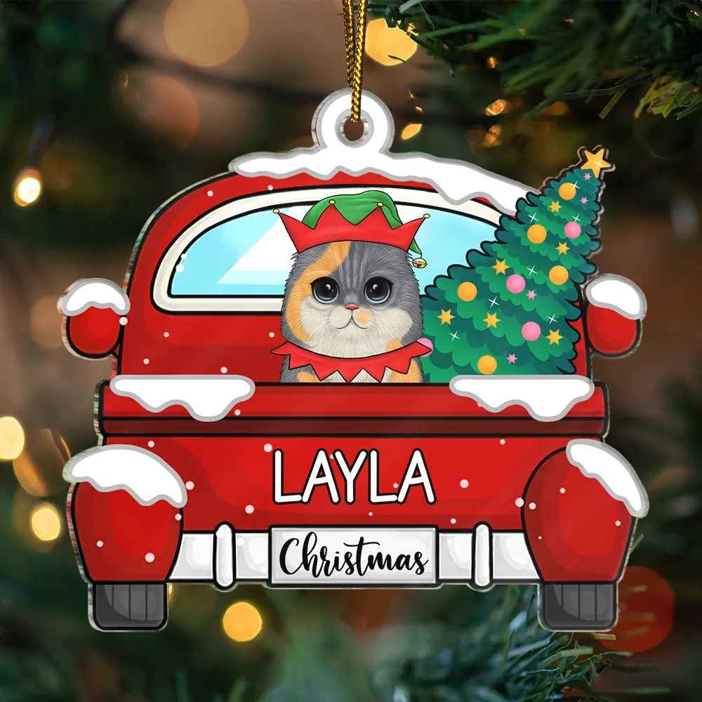 Chirstmas Dog Cat With Red Truck - Personalized Cutout Acrylic Ornament