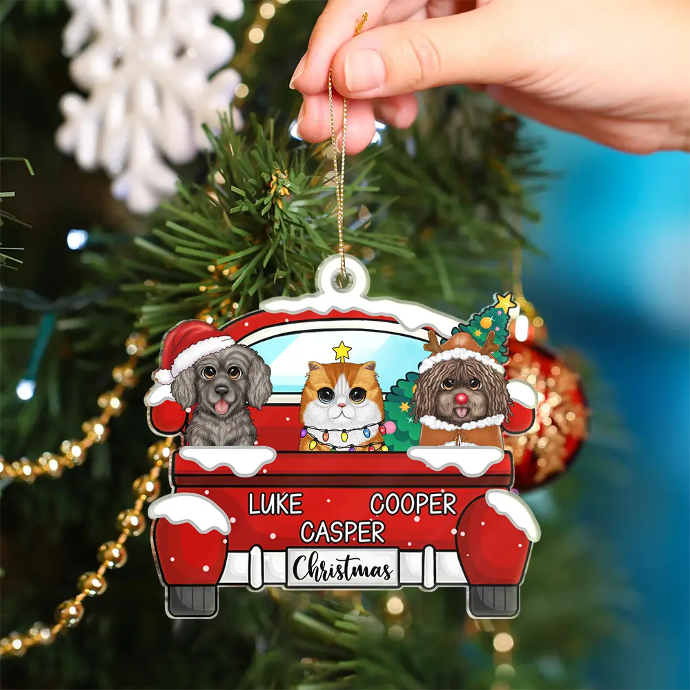 Chirstmas Dog Cat With Red Truck - Personalized Cutout Acrylic Ornament