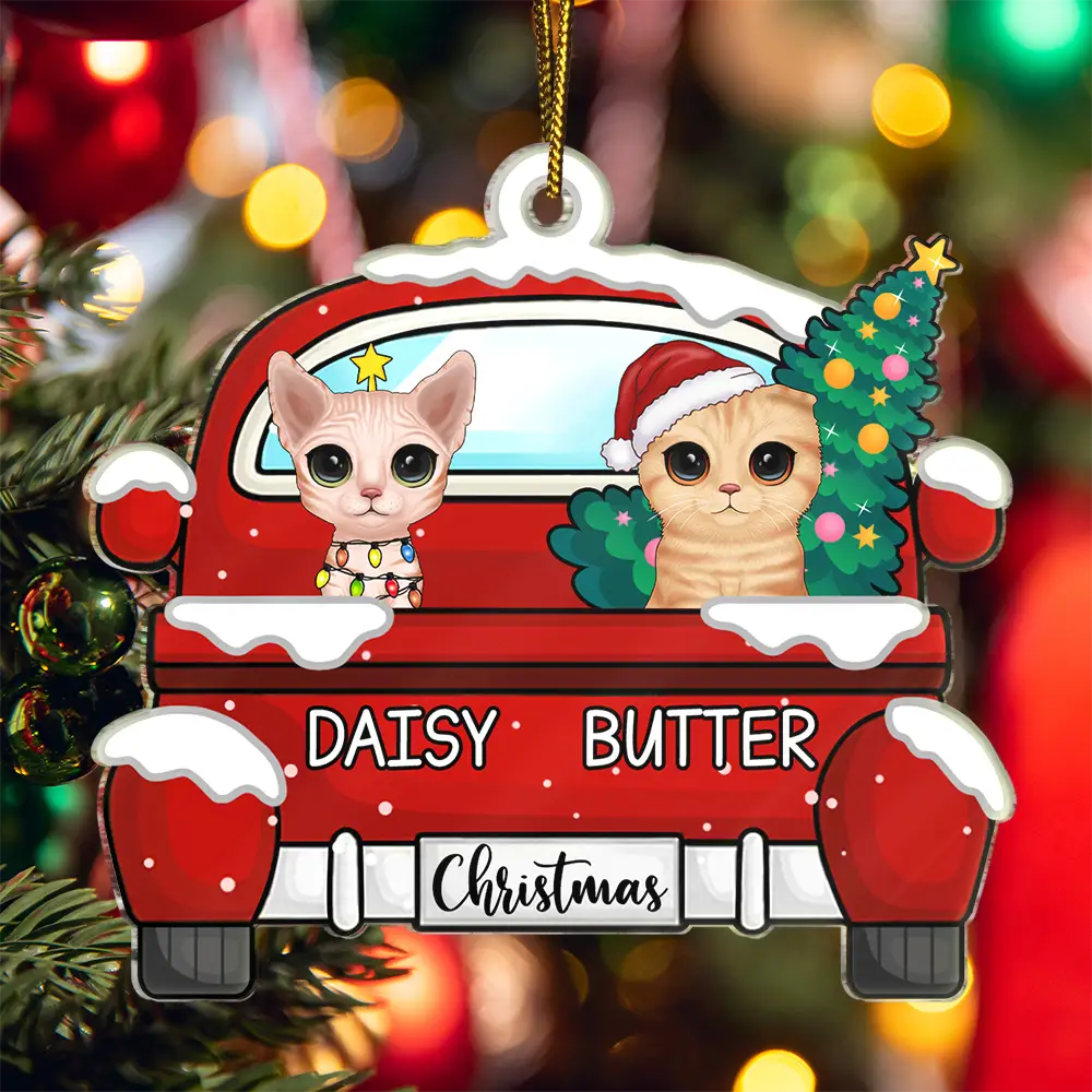 Chirstmas Dog Cat With Red Truck - Personalized Cutout Acrylic Ornament