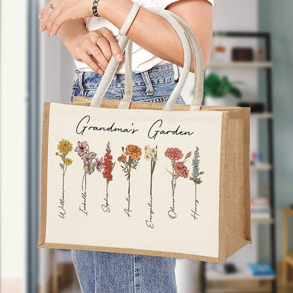 Personalised Large Capacity 1-20 Birth Flowers Garden Jute Tote Bag with Names Birthday Mother's Day Gift for Woman