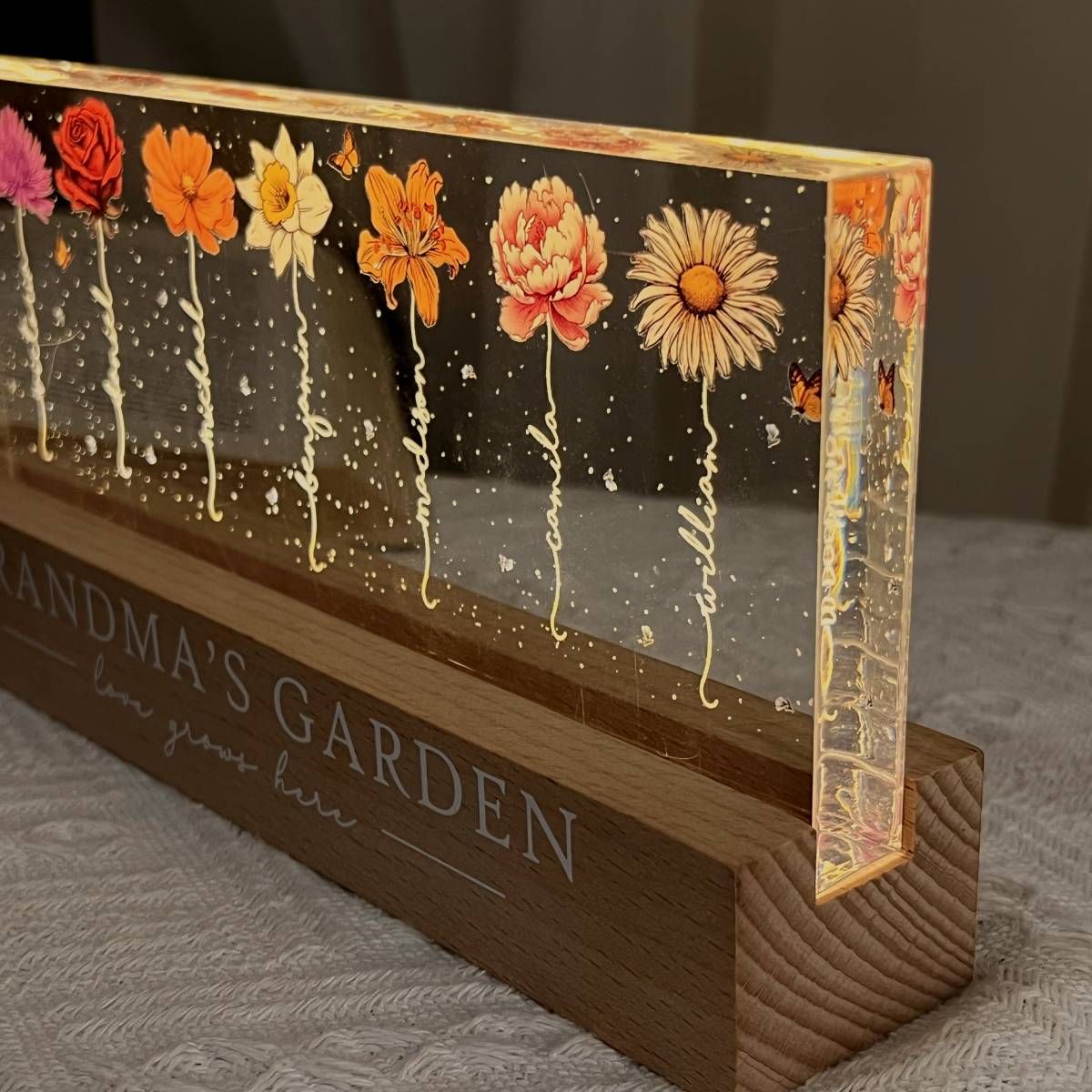 Grandma‘s Garden Birth Month Flowers Personalized Acrylic Block LED Night Light, Christmas Gift For Grandma, Mom, Auntie, Sister