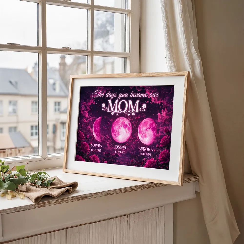 Pink Roses The Day You Became Mom Grandma Custom Birth Moon Phase - Personalized Poster - Mother's Day Gift For Mom, Grandma