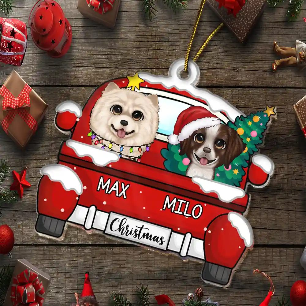 Chirstmas Dog Cat With Red Truck - Personalized Cutout Acrylic Ornament