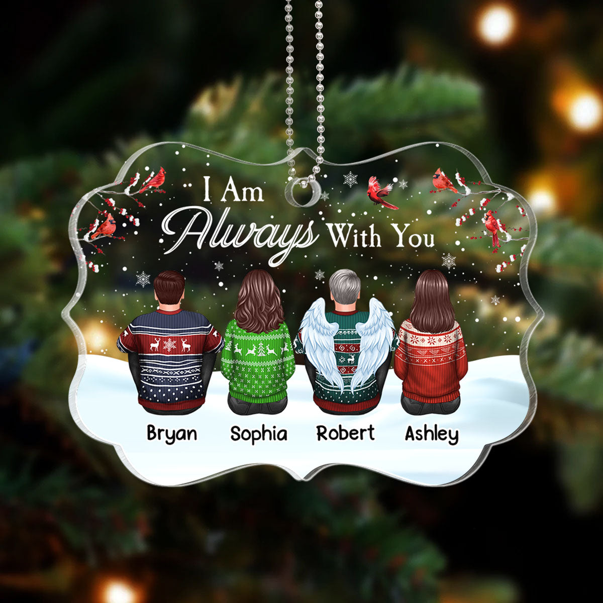 Family Memorial In Snow Cardinals Personalized Acrylic Ornament