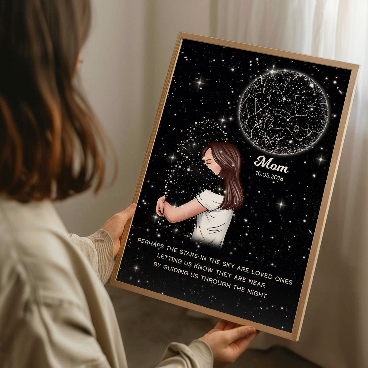 Lost Loved One Woman Hugging Star Map Galaxy Art Memorial Sympathy Gift Personalized Poster, Custom By Location And Date