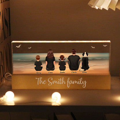 Realistic Beach Landscape Family Sitting Personalized Acrylic Block LED Night Light