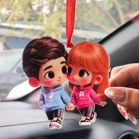 3D Effect Cute Cartoon Couple Holding Hands Personalized Acrylic Car Hanger, Anniversary &  Gift for him, Gift for her