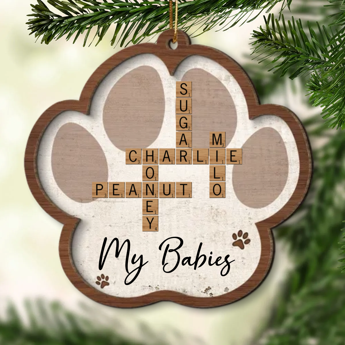 Pet Names Crossword Puzzle Art Personalized Paw Shaped Wooden Ornament [Can add up to 20 pet names]