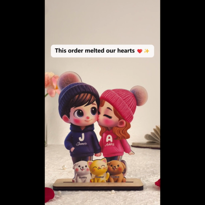 3D Cute Cartoon Couple You Me And The Dog Cat Personalized Standing Wooden Plaque,  Gift for Him, Gift for Her