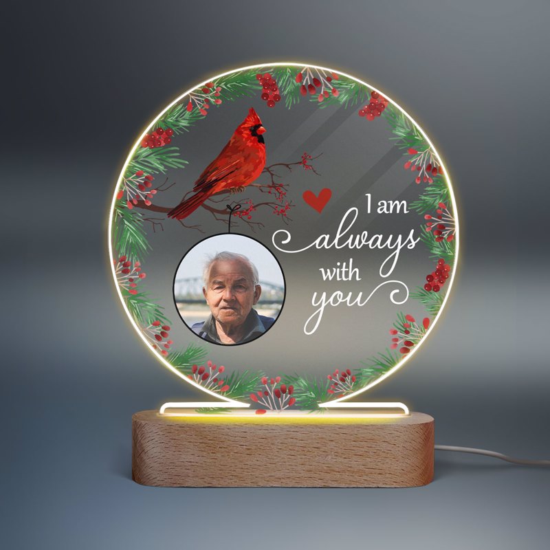 Always With You Holly Branch Cardinal Photo Personalized Circle Acrylic Plaque LED Lamp Night Light