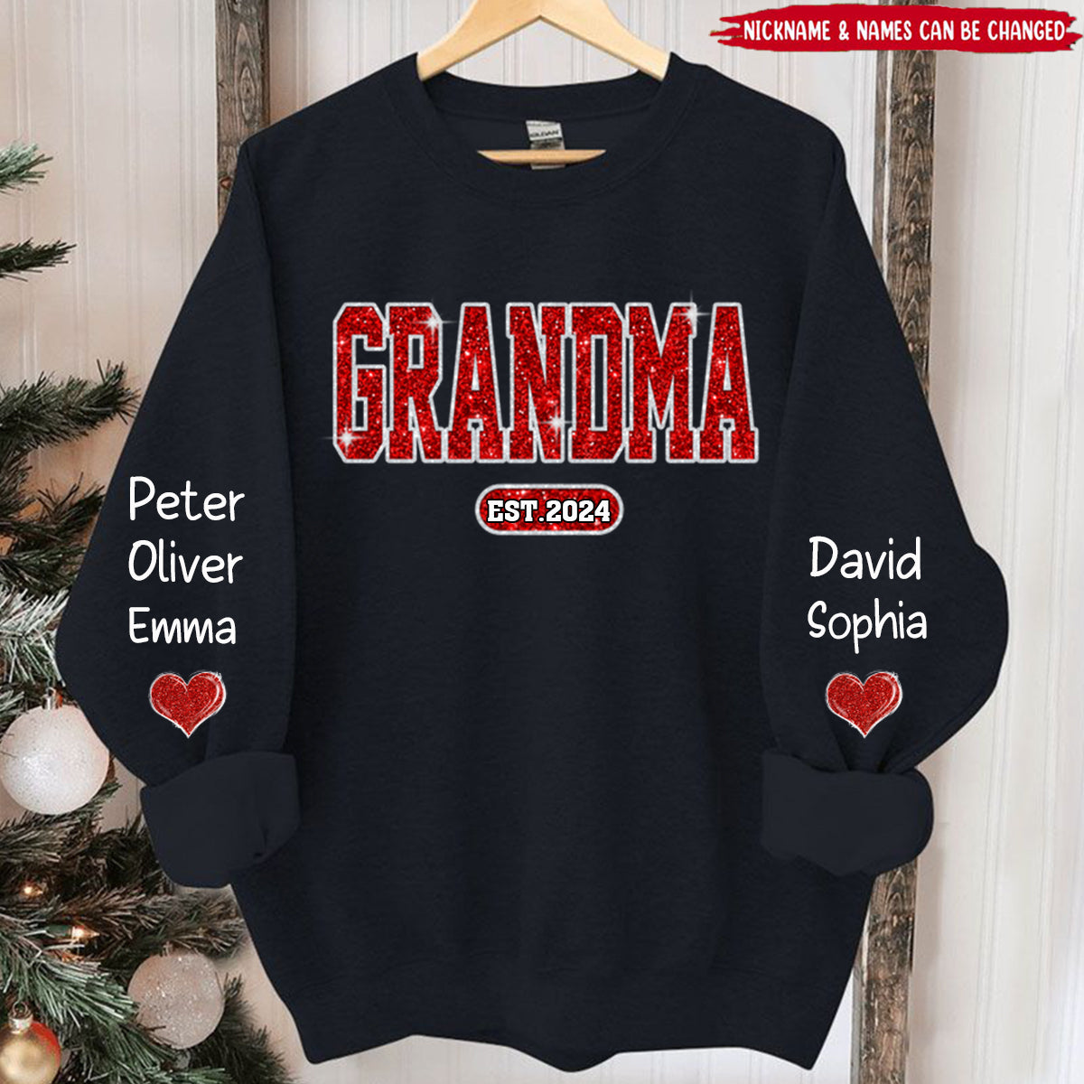 Red Glitter Mimi Mom Est Year Custom Kid Name On Sleeve Personalized Sweatshirt