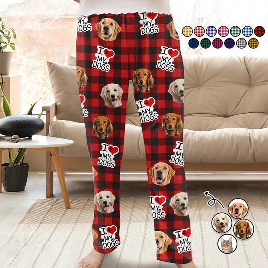 Custom Photo I Love My Dogs Cats Pets - Personalized Pajama Pants