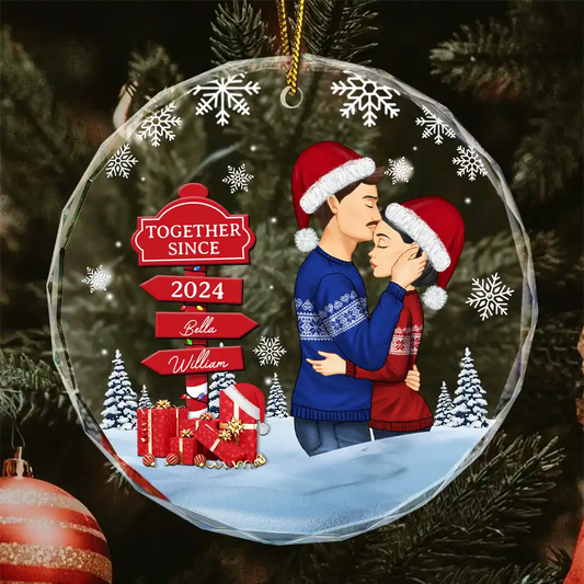 Christmas Couple Kissing Sign - Personalized Circle Ornament