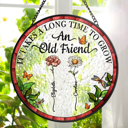 Birth Flower Grow An Old Friend - Personalized Stained Glass Window Hanging Suncatcher