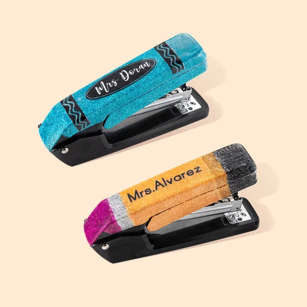 Personalised Glitter Stapler with Pencil and Crayon Design Rotatable Stapler Office Desk Accessory Graduation Back to School Gift for Teacher